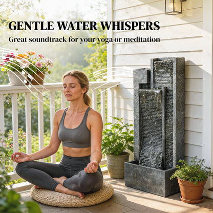 Tall 3-Tier Resin Waterfall Fountain with Top Planter | LED Lights | Water Curtain Effect | 22-25L | 12W | 230V | 3m Cable | 38x19x101cm | Garden Patio & Balcony | Dark Grey