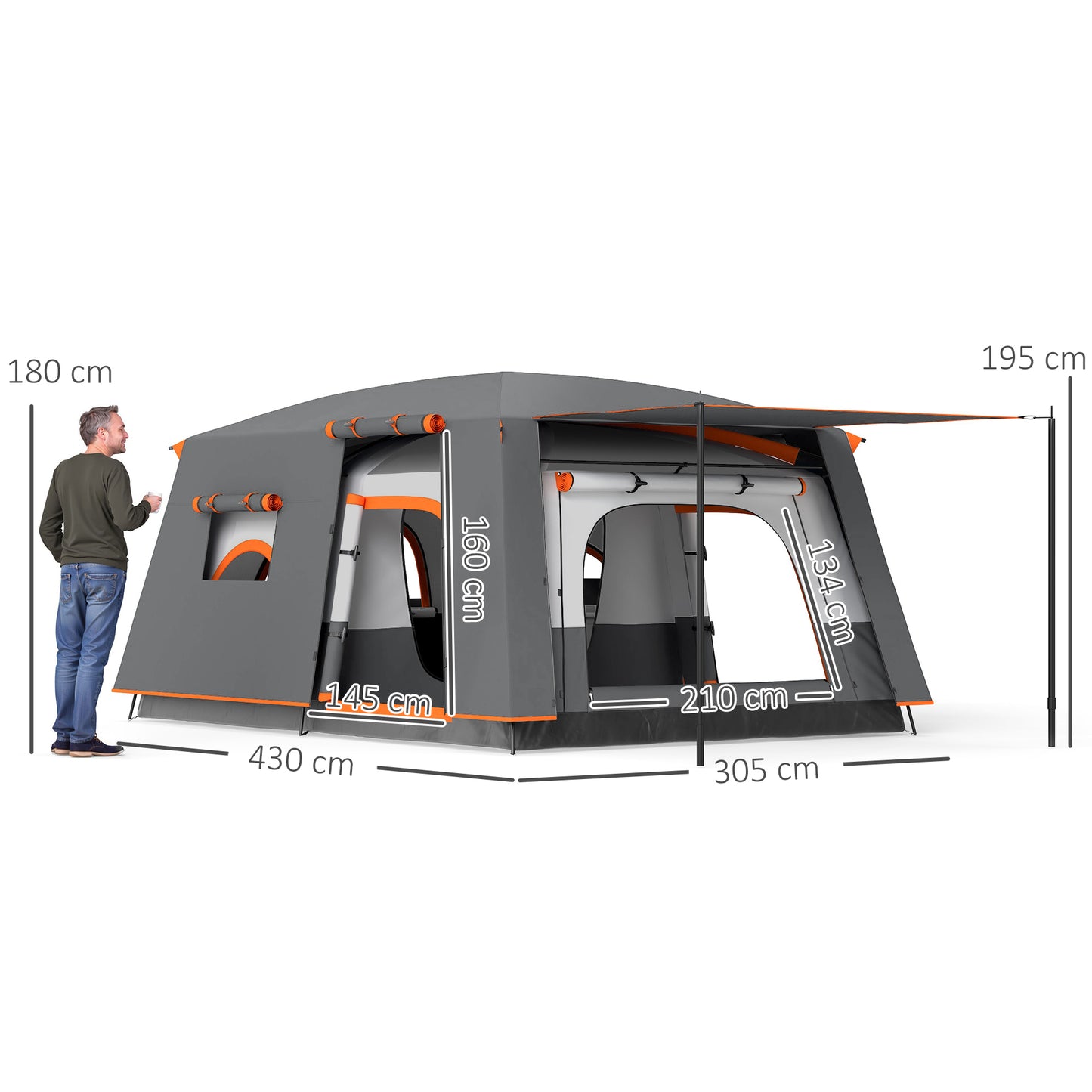 4-6 Man Camping Tent, Double Layer Tunnel Tent with Porch, Living Area and 2 Bedrooms, Sewn in Groundsheet, 3000mm Waterproof, Grey