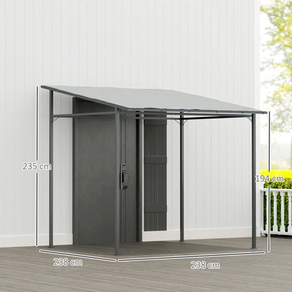 Wall Mounted Lean-To Pergola Gazebo | 2.4x2.4m | 180g PA Coating Fabric | UPF30+ | Splash-Resistant | Powder-Coated Metal Frame | Hook & Loop Fasteners | Ground Stakes | Light Grey