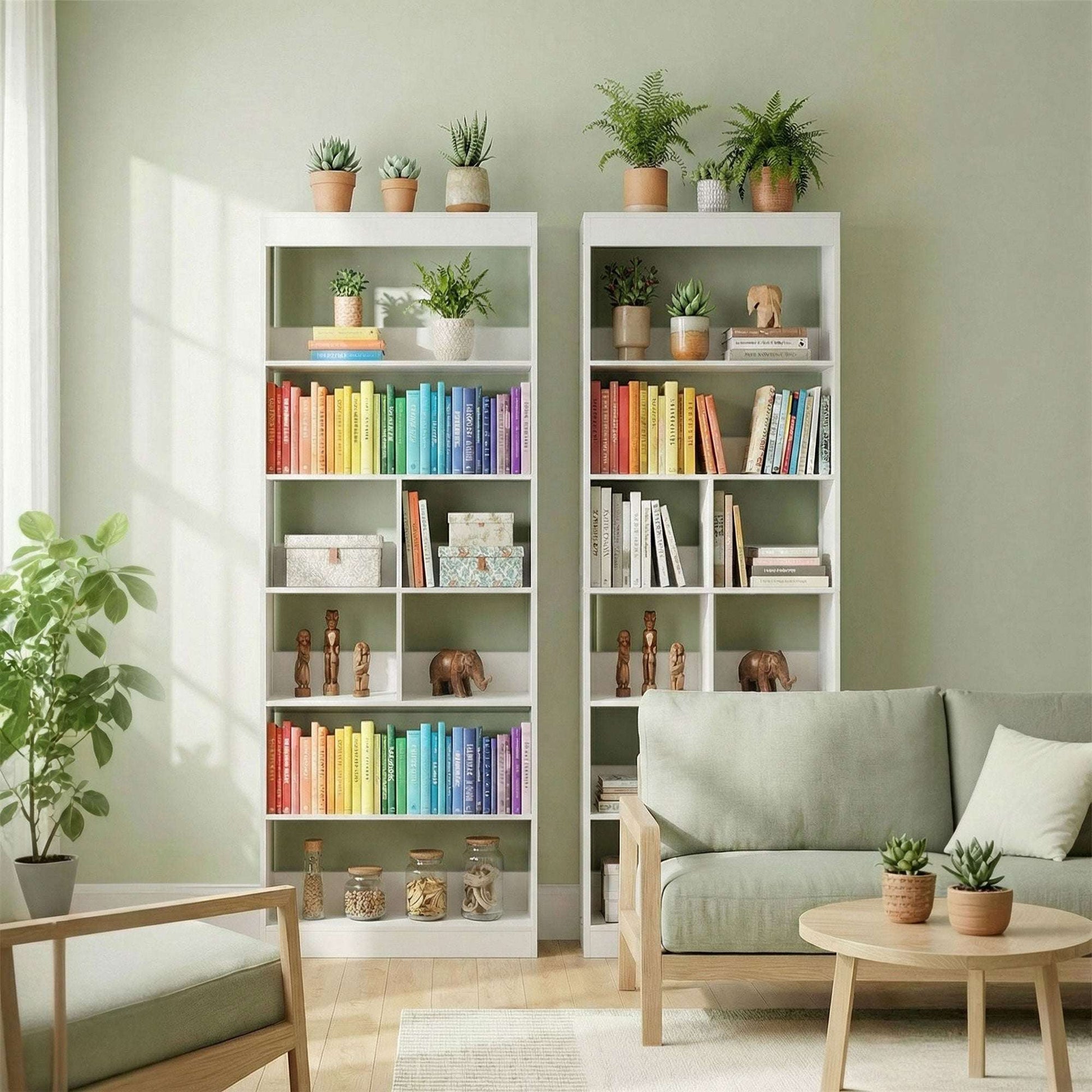 6-Tier Bookcase | 4 Open Shelves & 4 Cubes | 180cm Tall | Anti-Tip Hardware & Back Baffles | Water & Scratch-Resistant Melamine | 35kg Total 5kg Per Tier | 68x24x180cm | White