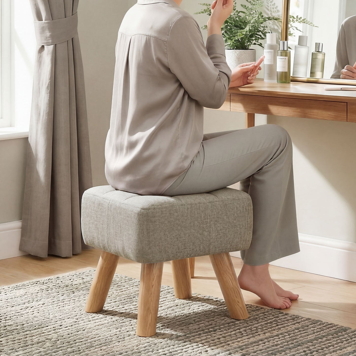 Square Padded Footstool Ottoman Pouffe | Tufted Linen-Look | Light Brown