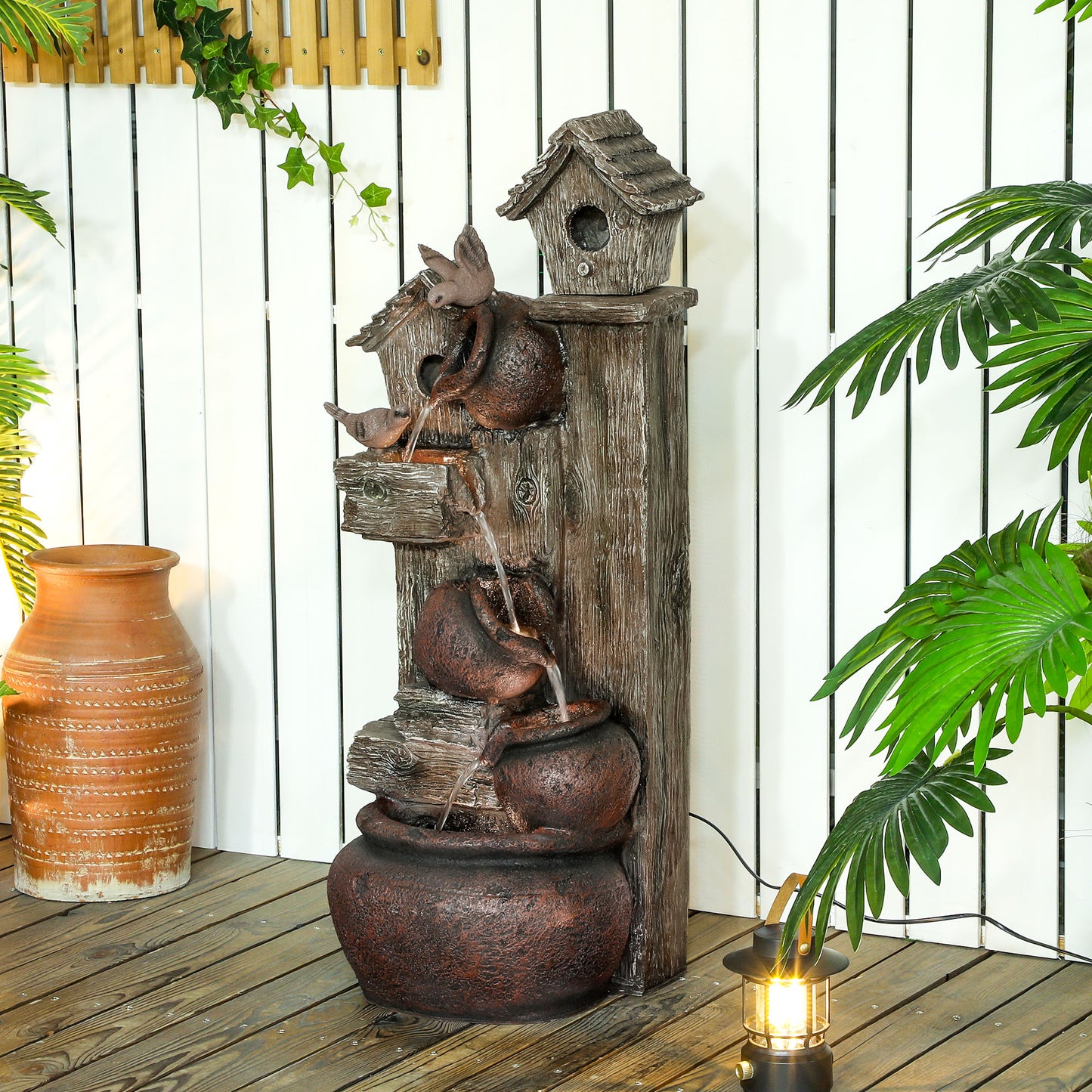 2-in-1 Waterfall Fountain with Birdhouse, Resin Garden Water Fountain with LED Lights Pump, Cascading Garden Water Feature with Tree Trunk Design