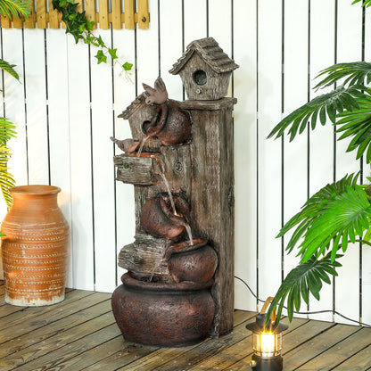 2-in-1 Waterfall Fountain with Birdhouse, Resin Garden Water Fountain with LED Lights Pump, Cascading Garden Water Feature with Tree Trunk Design