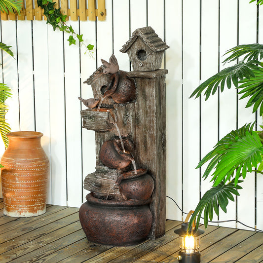 2-in-1 Waterfall Fountain with Birdhouse, Resin Garden Water Fountain with LED Lights Pump, Cascading Garden Water Feature with Tree Trunk Design