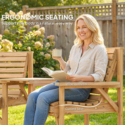 3-Piece Wooden Garden Furniture Set | Armchair | 2-Seater Bench | Detachable Tray Table | Umbrella Hole | Fir Wood | Water-Resistant | Natural Wood
