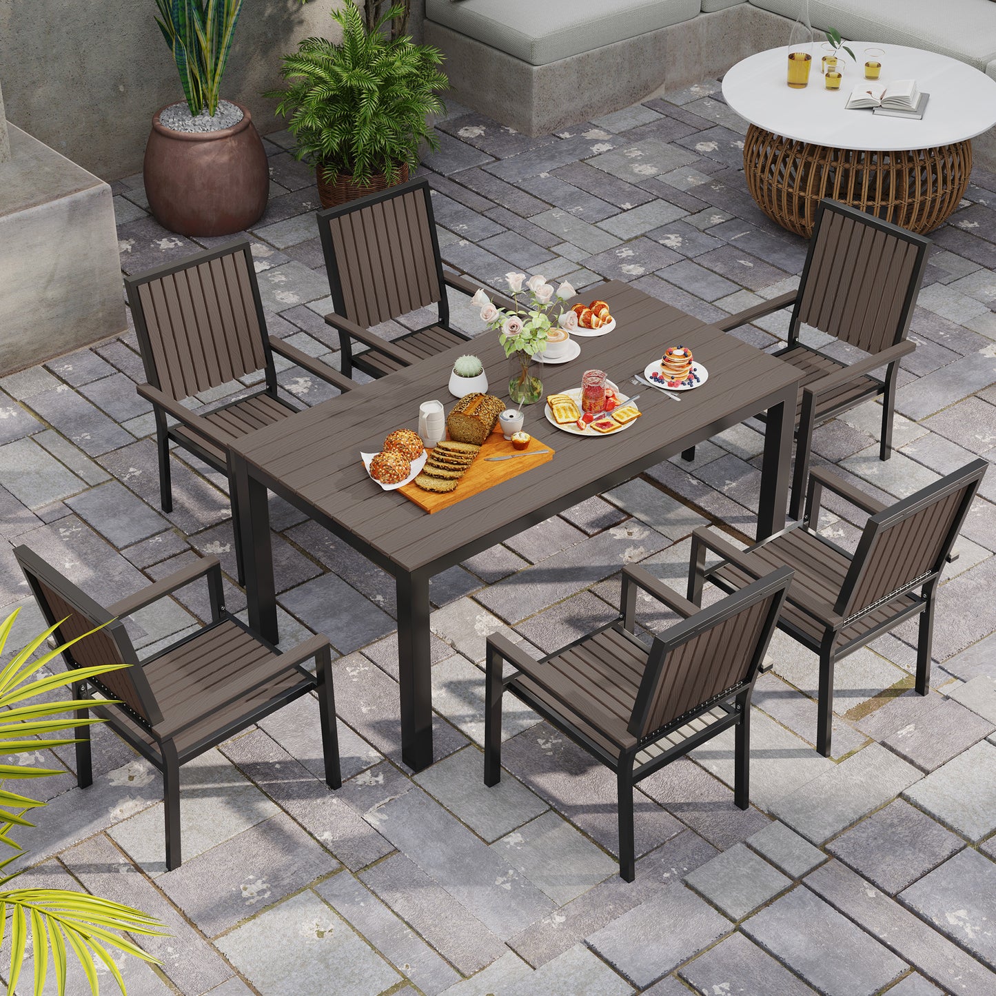 6 Seater Garden Dining Set with Stackable Chairs, Aluminium Frame, Rectangular Plastic Top, Garden Furniture Set, Outdoor Dining Table and Chairs