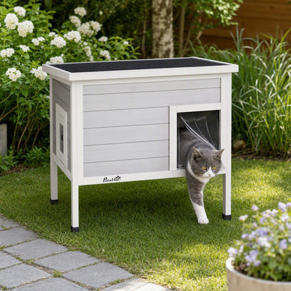 Insulated Outdoor Cat House with Removable Liner | Waterproof Asphalt Roof | 21cm Raised Base | Escape Door | Opening Roof | PVC Door Curtain | Fir Wood | For Cats Up To 6kg | 68x50x65cm | Dark Grey