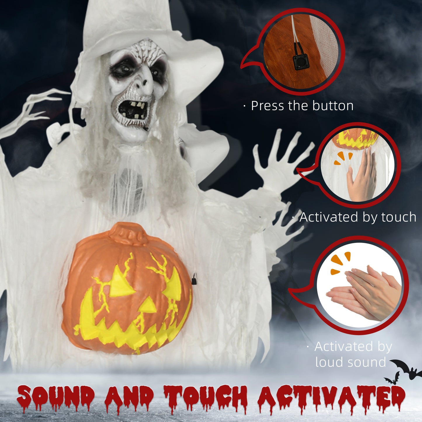 6ft Outdoor Halloween Decoration Witch with Pumpkin, Standing Skeleton Witch Prop Life Size with Sound and Motion Activated, Light Up Eyes, Laughing Sound, Posable Arms, White