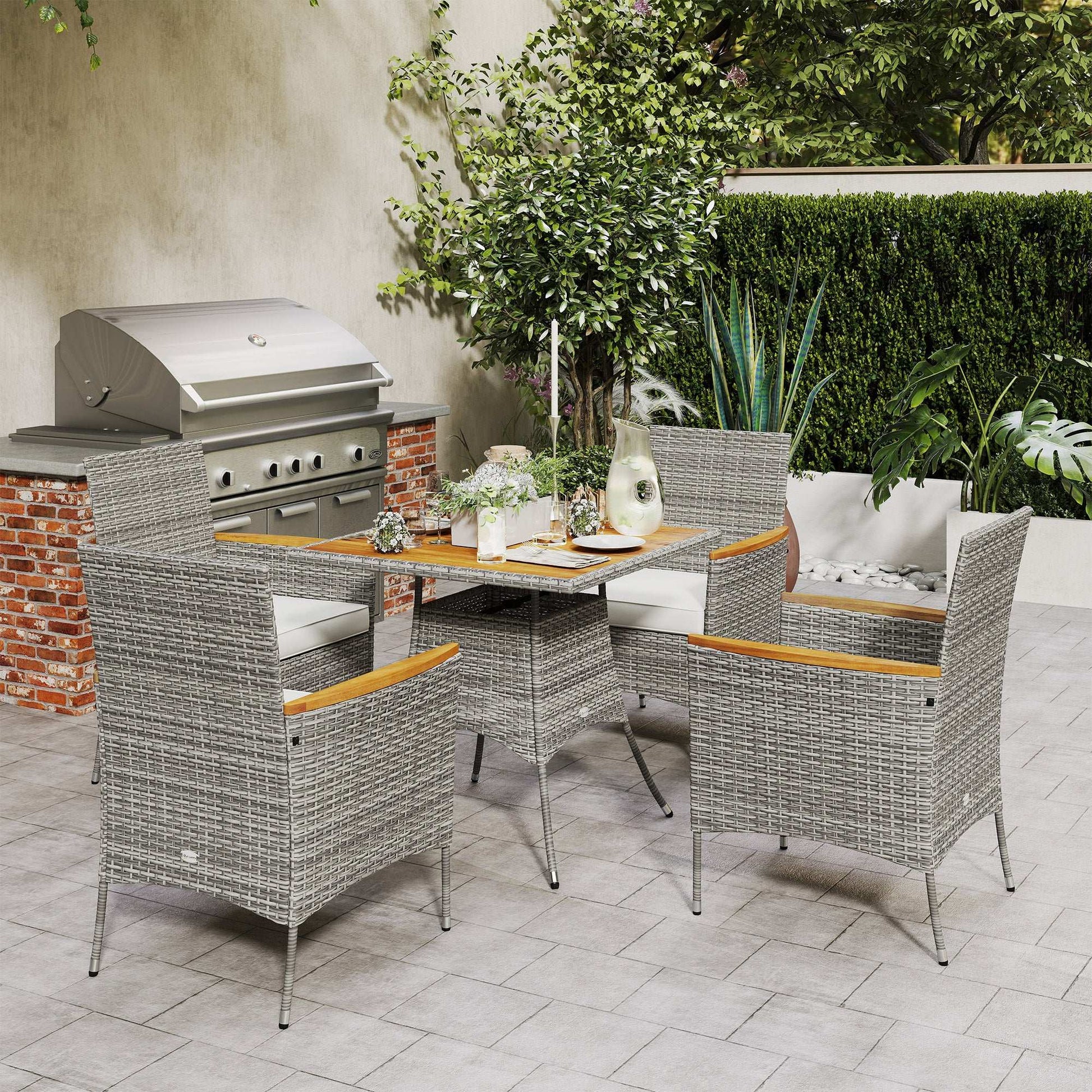 Outsunny Five-Piece Rattan Set, with Wood-Top Table - Teak / Grey