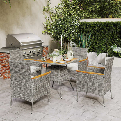 Outsunny Five-Piece Rattan Set, with Wood-Top Table - Teak / Grey
