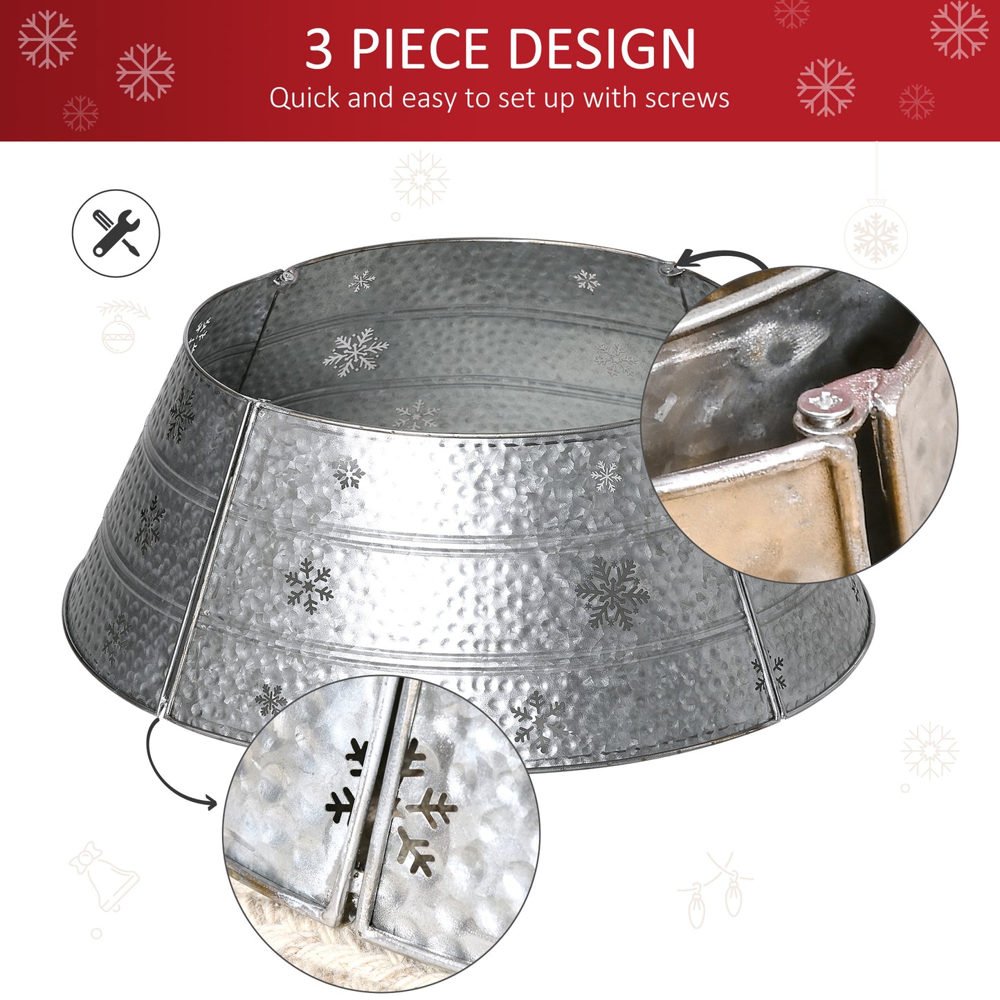 66cm Christmas Tree Base Cover, Christmas Tree Collar With Hollow Snowflake Pattern for Holiday, Party, Silver