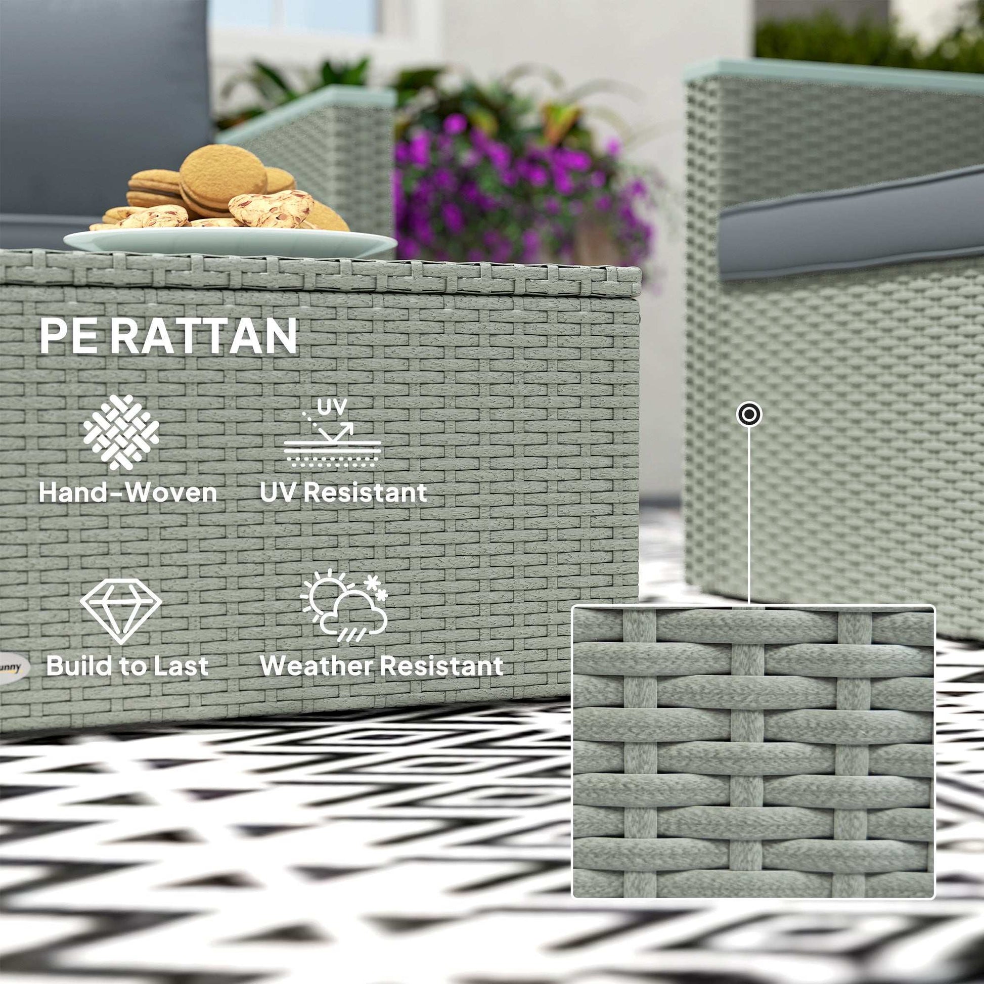 4 Piece Rattan Garden Furniture Set, 4 Seater Wicker Outdoor Sofa Set with 2 Armchairs, Loveseat, Acacia Wood Top Coffee Table - Grey