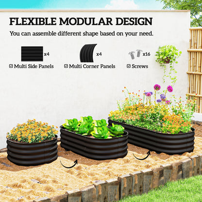 Flexible Galvanised Steel Raised Garden Bed | Safety Rubber Edging | Open Bottom | Configurable Round Oval or Oblong | 150x62x30cm | For Flowers Herbs & Succulents | Black