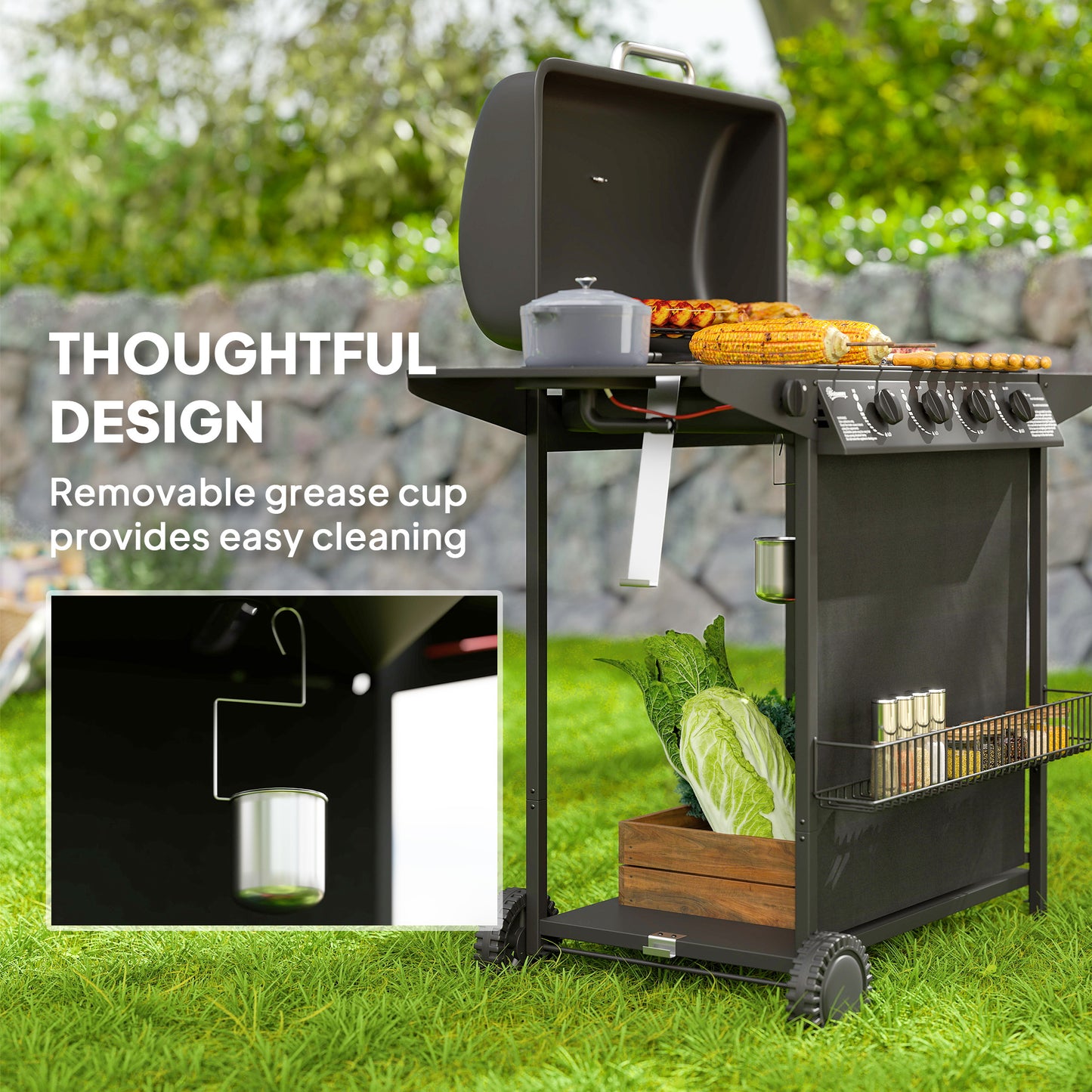 4+1 Burner Gas BBQ Grill, Portable Gas Barbecue Grill with Built-in Thermometer, Lid, Side Table, Shelf, Spice Rack, Wheels, Grease Cup, Black