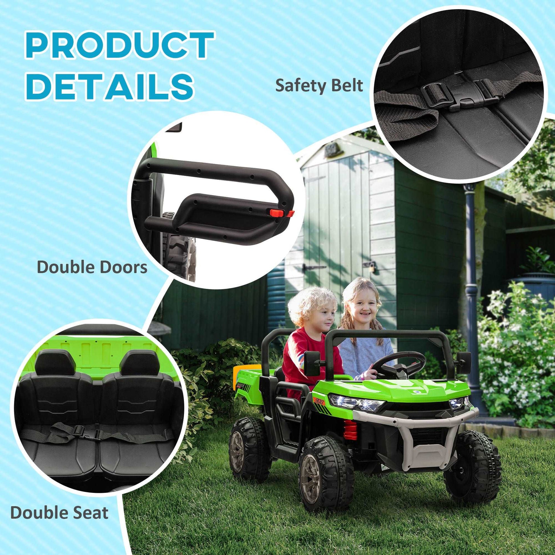 12V Two-Seater Kids Electric Ride-On Car, with Electric Bucket, Remote Control - Green