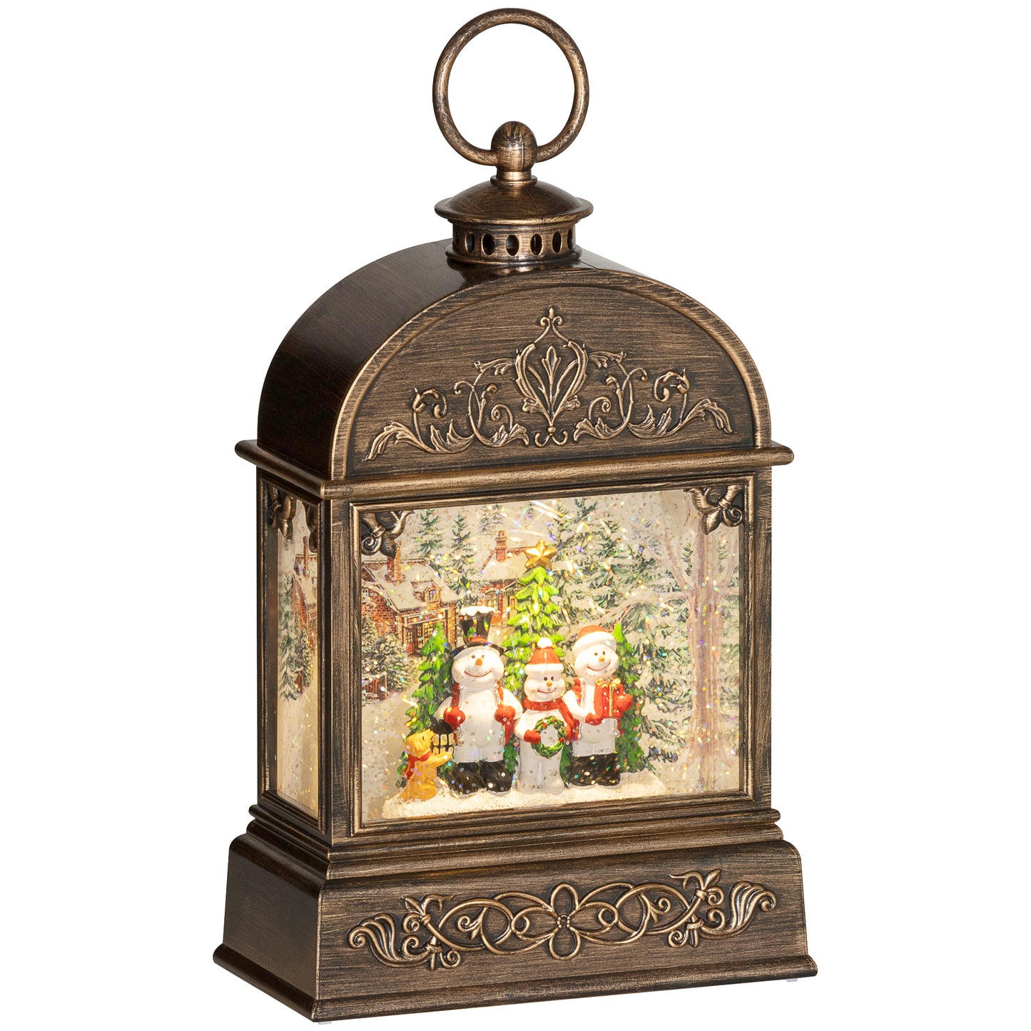 Christmas Snow Globe Lantern with Lights and Music, Swirling Glitter, Battery Operated Musical Decoration for Holiday Party Gift, Bronze Tone