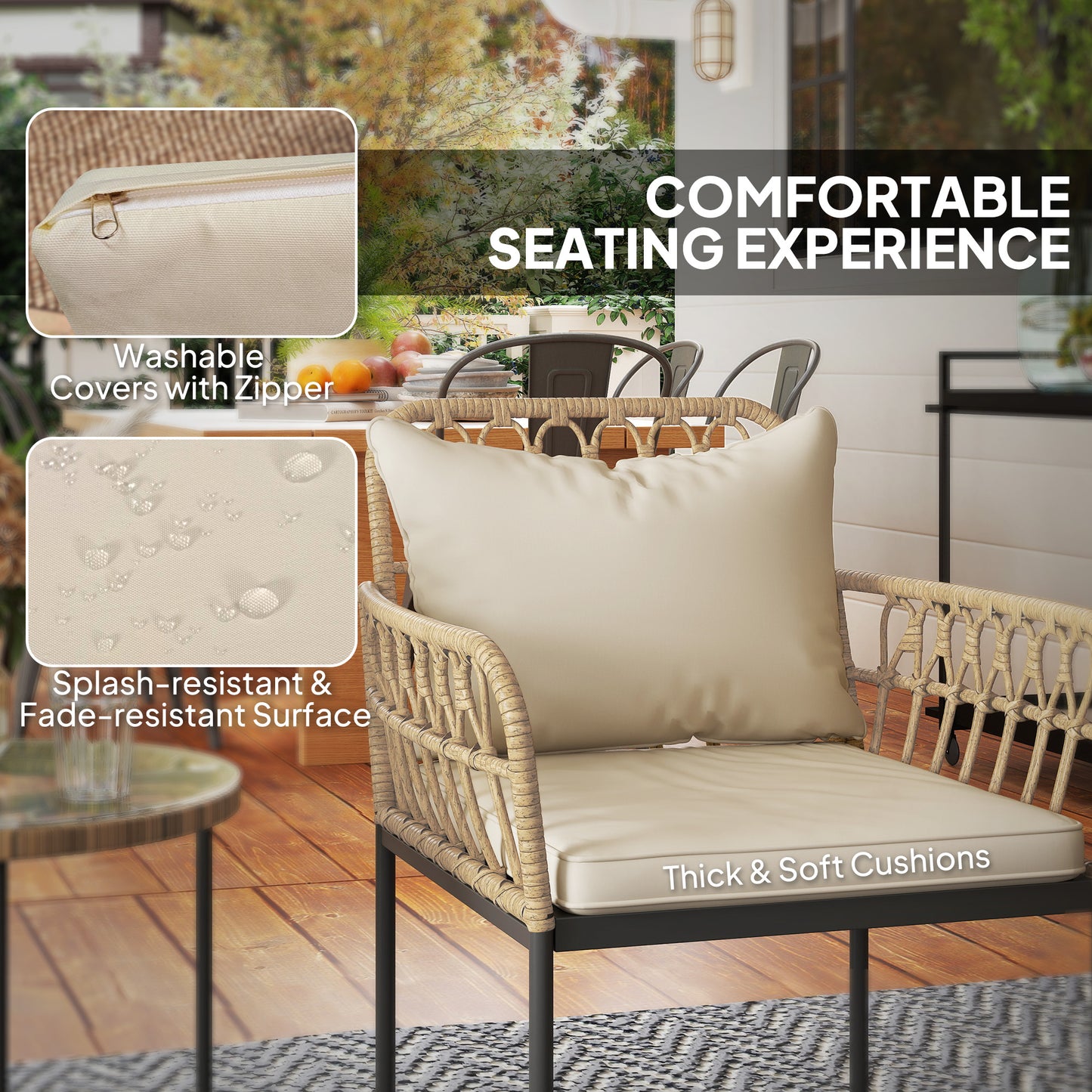 3 Piece Rattan Bistro Set, Wicker Garden Furniture Set with Cushions, Glass Top Coffee Table and Chairs for Outdoor, Patio, Balcony, Beige