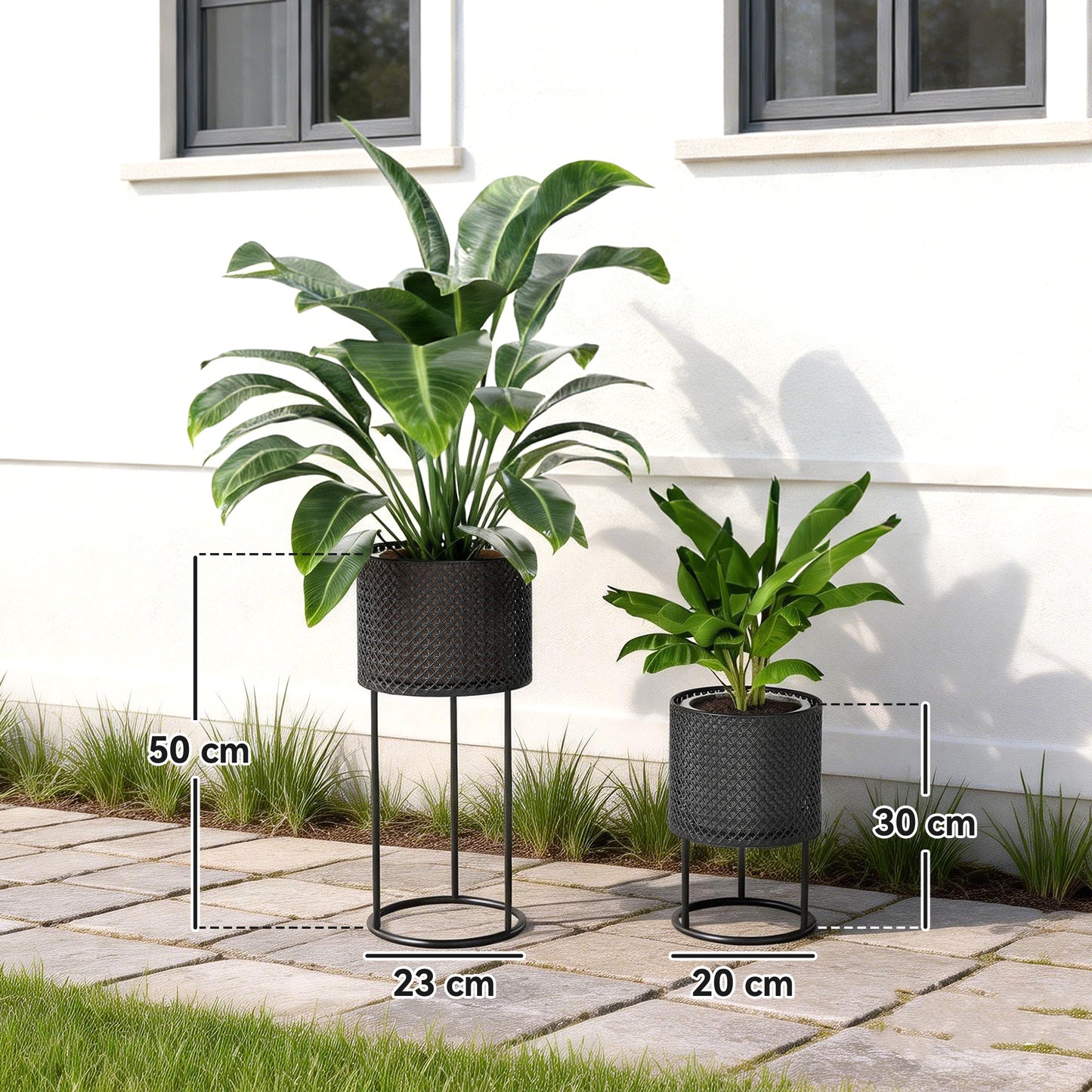 Set of 2 Powder-Coated Metal Plant Pots | Hollow Woven Design | Stackable | 10kg Large Ø23x50cm | 8kg Small Ø20x30cm | Patio Balcony & Indoor | Black