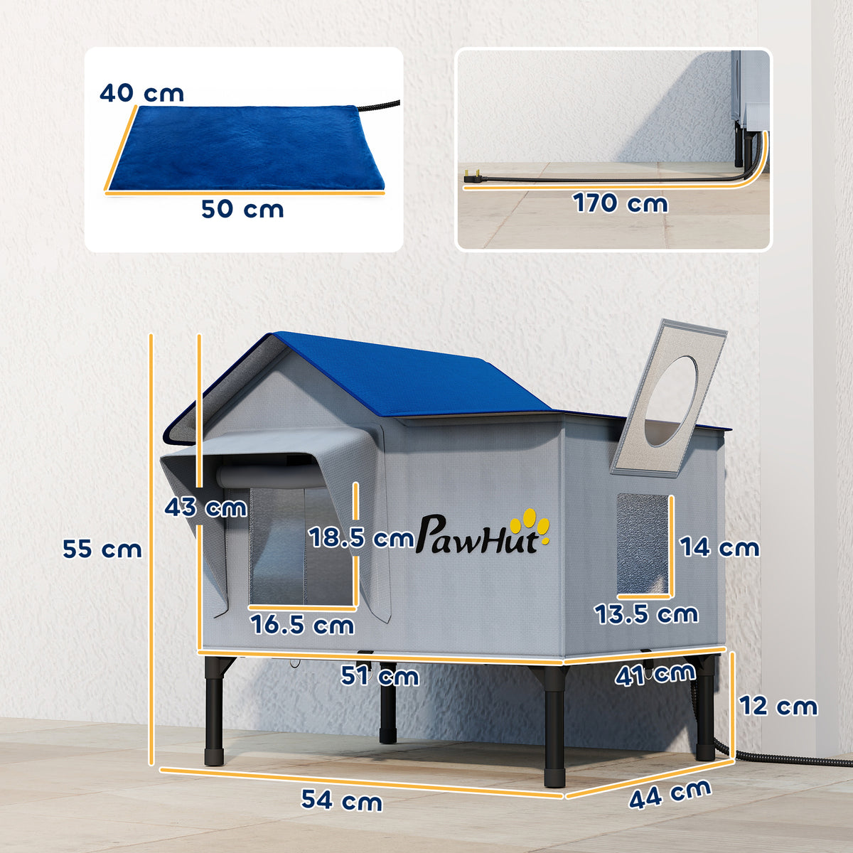 Heated Outdoor Cat House with 34W 230V Heating Pad | 5-Layer Insulation | PU Waterproof Shell | 5cm Elevated Base | Lock-Free Escape Door | 51x41x55cm | Up to 2 Cats | Light Grey