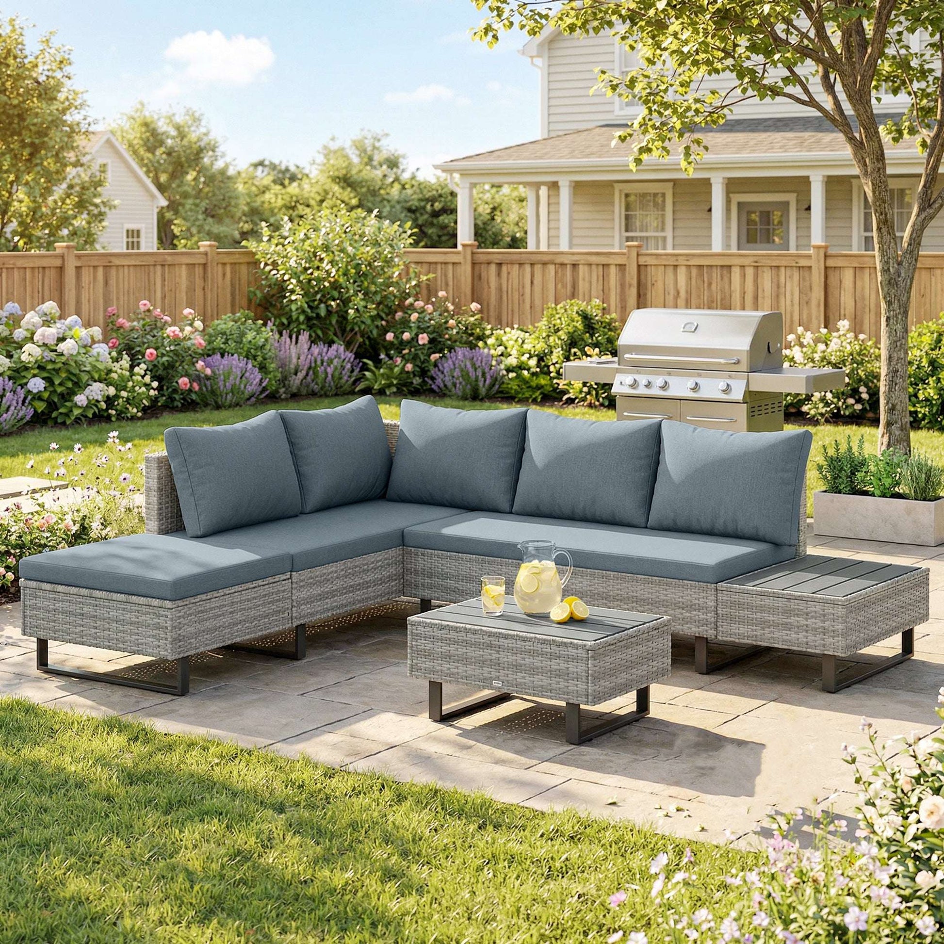 5 Seater L-Shaped Rattan Garden Corner Sofa Set | Adjustable Backrest & Chaise Lounge | Loveseat & Coffee Table | Zipped Cushion Covers | Powder-Coated Frame | 360kg Capacity | Grey
