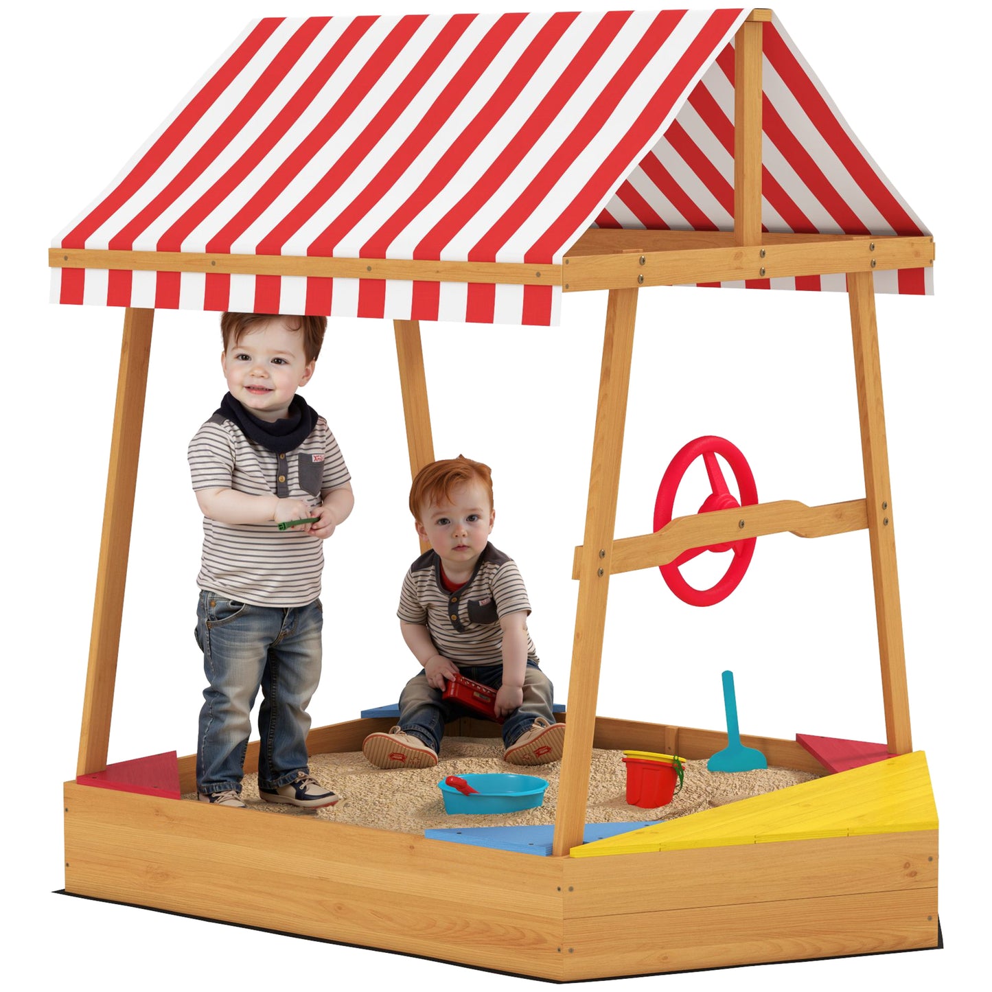 AIYAPLAY Wooden Kids Sandpit Boat Style with Canopy, 4 Seats, Rudder, Bottom Liner, for Children 3-8 Years, Yellow