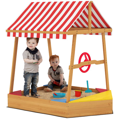 AIYAPLAY Wooden Kids Sandpit Boat Style with Canopy, 4 Seats, Rudder, Bottom Liner, for Children 3-8 Years, Yellow