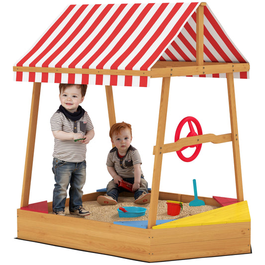 AIYAPLAY Wooden Kids Sandpit Boat Style with Canopy, 4 Seats, Rudder, Bottom Liner, for Children 3-8 Years, Yellow