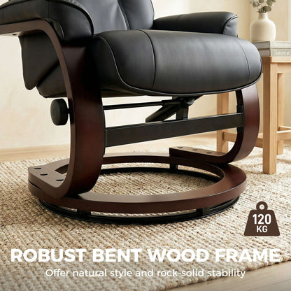 Swivel Recliner Chair & Footstool | PU Leather | 360° Swivel | 135° Recline | Bent Wood Frame | 120kg | Black