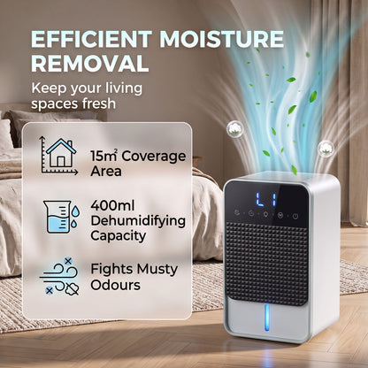 400ml/Day Small Dehumidifier | 7-Colour RGB Mood Light | 43dB Sleep Mode | 1.2L Tank | 2–12H Timer | LED Touch Panel | Auto Shut-Off & Defrost | 15m² | ABS | 15x13.4x24.2cm | White