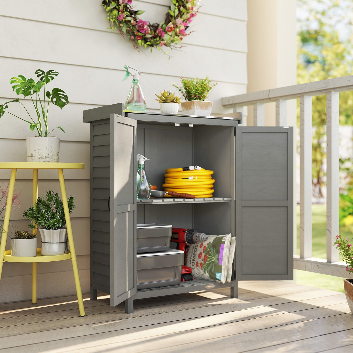 2-in-1 Fir Wood Potting Table & Garden Tool Storage Shed | Galvanised Metal Worktop | Double Doors | Shelf | Side Hooks | Raised Base | Water-Based Paint | 71.5x39x95cm | 30kg Capacity | Grey