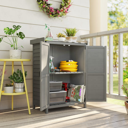 2-in-1 Fir Wood Potting Table & Garden Tool Storage Shed | Galvanised Metal Worktop | Double Doors | Shelf | Side Hooks | Raised Base | Water-Based Paint | 71.5x39x95cm | 30kg Capacity | Grey