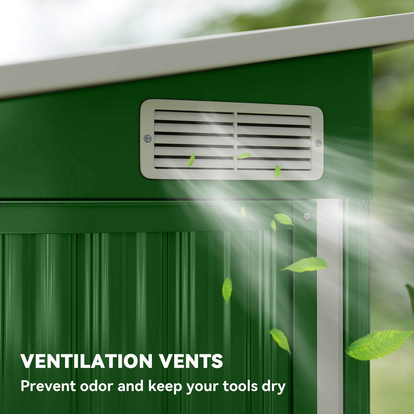 Galvanised Steel Garden Storage Shed | Triple Lockable Access | Double Front Doors & Side Door | Powder-Coated | Ventilation Slots | Sloped Roof | 25kg/m² Snow Load | 234x132x185cm | 2.68m² | Green