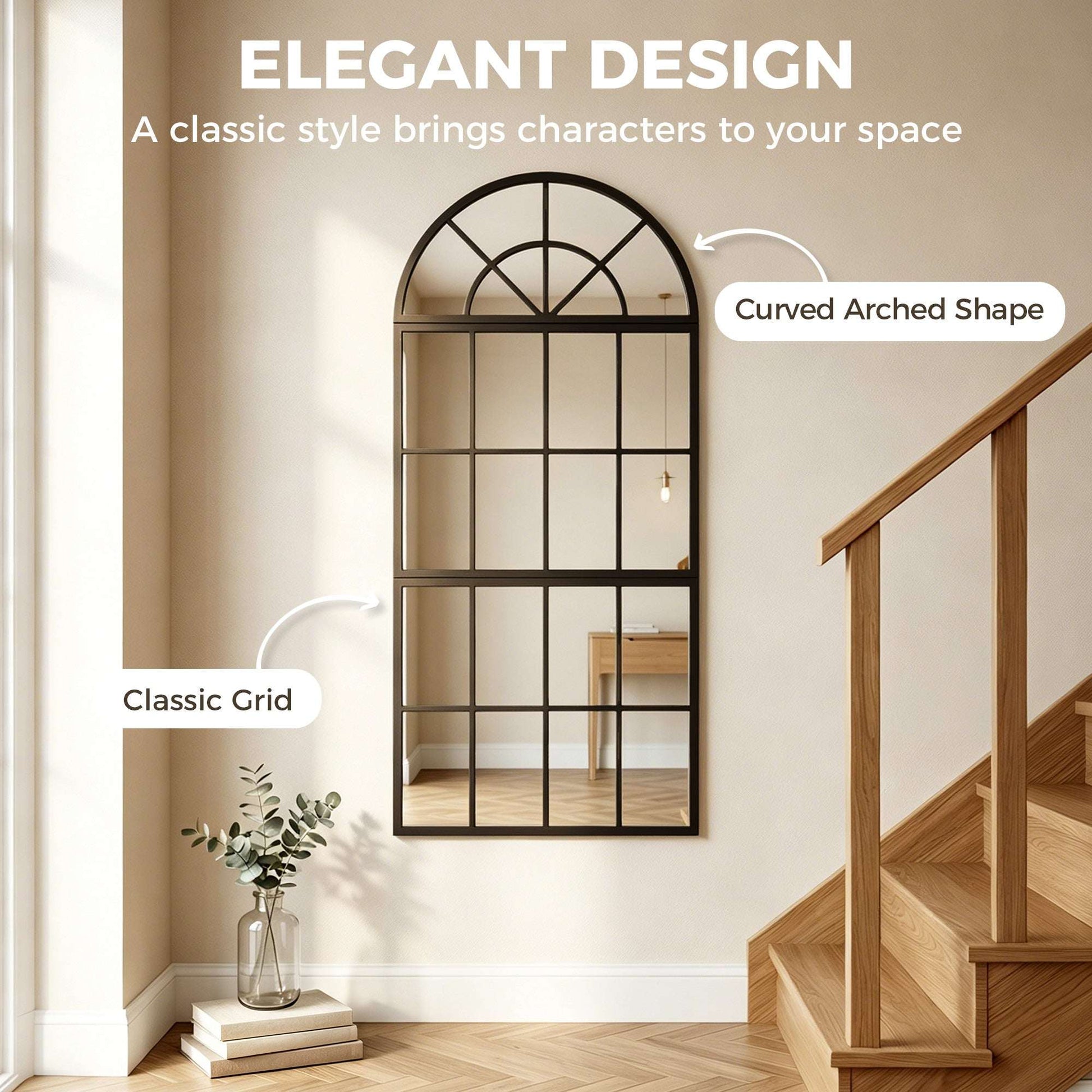 Arched Wall Mirror | 3-Piece Split Windowpane | 54x120cm | Black Metal Frame | Tempered Glass | 2cm Slim | Adjustable Spacing