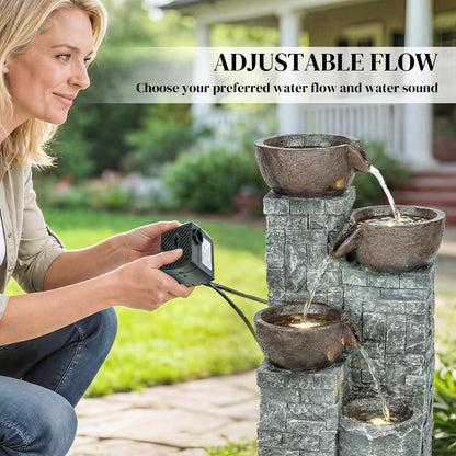 Compact 4-Tier Pot & Pillar Resin Waterfall Fountain | Hand-Painted | Warm White LED Lights | 3-Speed Adjustable Pump | 5W | 230V | 3m Cable | 26x25x50cm | Garden Patio & Balcony | Grey & Rustic Brown
