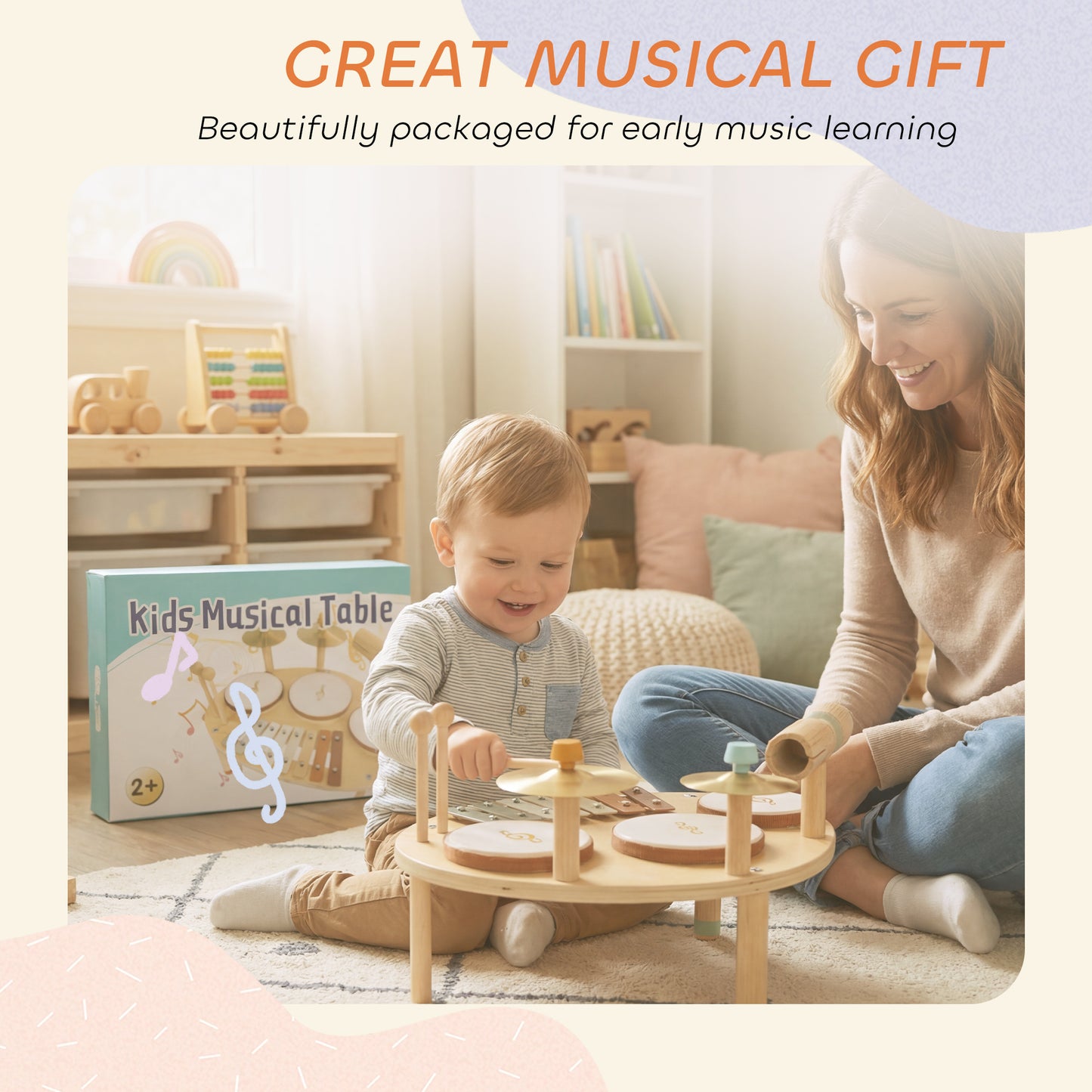 Baby Drum Kit – 4-in-1 Wooden Musical Instruments, 3 Drums, 8-Note Xylophone, Cymbals & Dual-Tone Block, EN71 Tested, Gift-Ready, Ages 2+