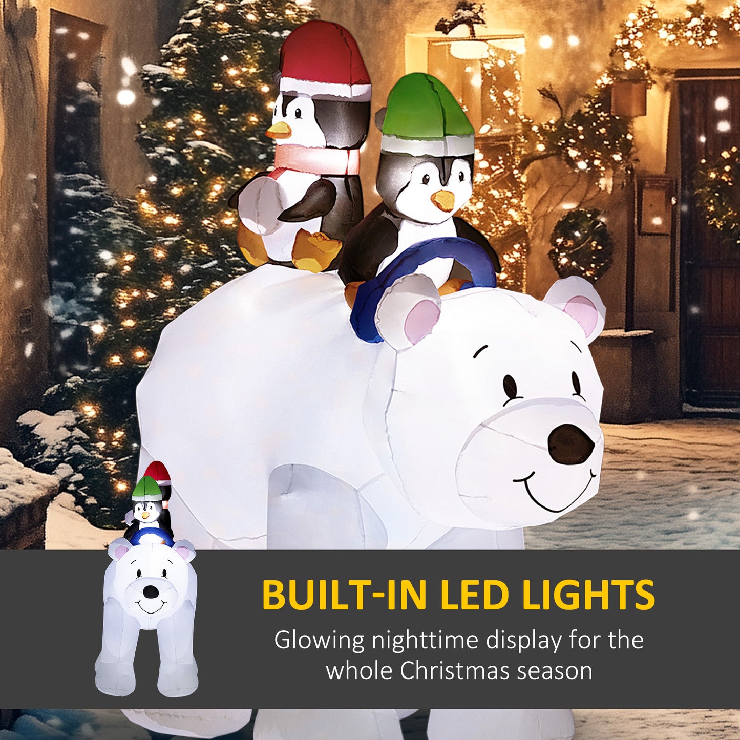 Outsunny 6.4FT Inflatable Two Penguins Riding on Polar Bear, Christmas Blow Up Outdoor LED Display for Garden Party