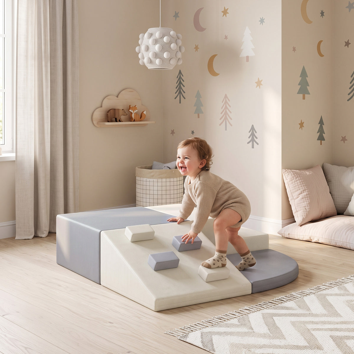 AIYAPLAY 4-Piece Toddler Soft Play Climbing Set | Foam Ramp, Steps & Blocks | Wipe-Clean PU | Light Grey & Beige | Ages 1–3