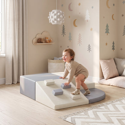 AIYAPLAY 4-Piece Toddler Soft Play Climbing Set | Foam Ramp, Steps & Blocks | Wipe-Clean PU | Light Grey & Beige | Ages 1–3