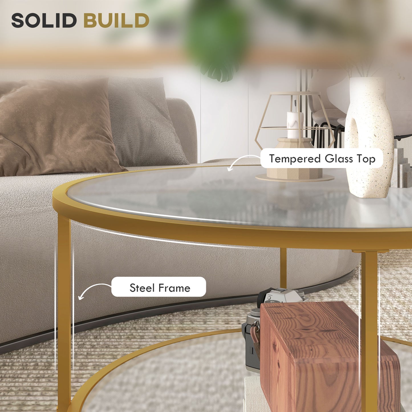 Round Coffee Table with Storage, 2-Tier Tempered Glass Coffee Table with Steel Frame for Living Room, Gold Tone