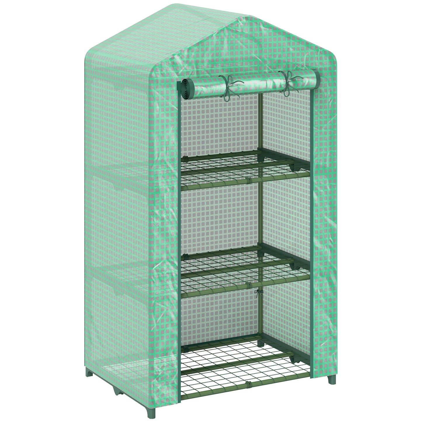 3 Tier Mini Greenhouse Portable Garden Grow House with Roll Up Door and Wire Shelves, 69 x 49 x 125 cm, Green