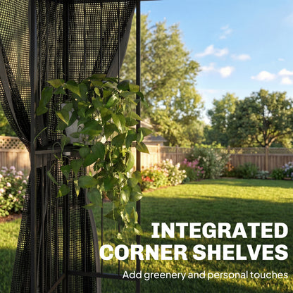 3x3m Permanent Garden Gazebo & Pavilion | Double-Tier UPF50+ Roof | Mesh Panels | Corner Shelves | Grey