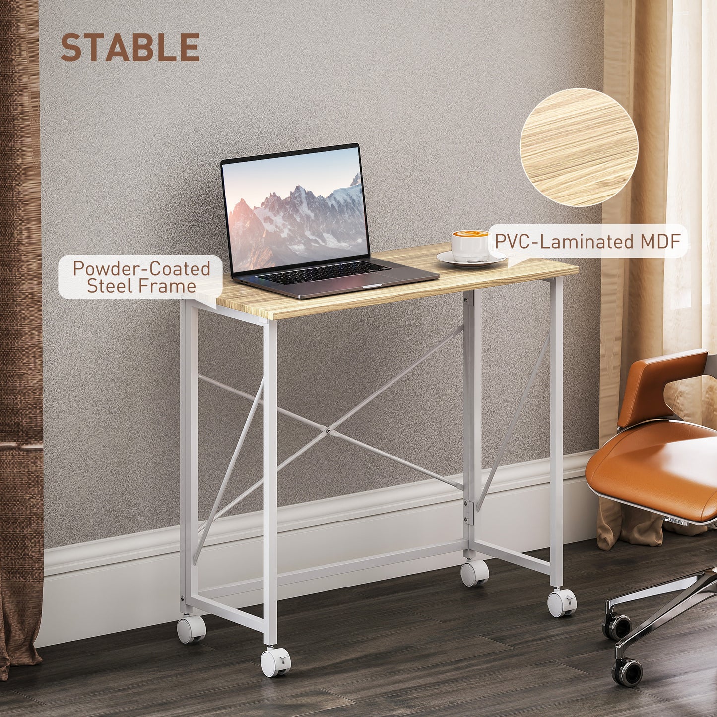 80 cm Folding Desk on Wheels - Natural Tone