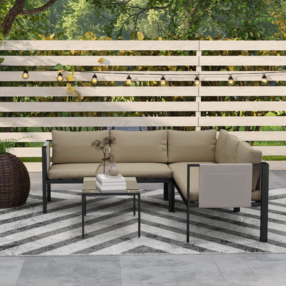 4 Piece Metal Garden Furniture Set with Tempered Glass Coffee Table, Breathable Mesh Pocket, Outdoor Conversational Corner Sofa, Khaki