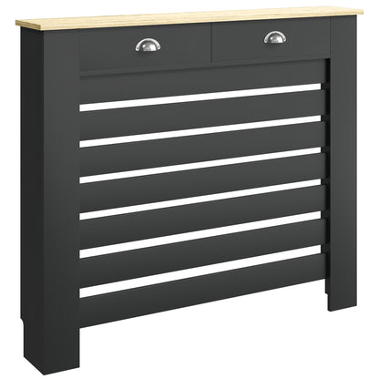 MDF & Particle Board Radiator Cover with 2 Drawers | Slatted Design | Skirting Board Cut-Outs | Easy-Fix Clips | Wood-Effect Top | 5kg Per Drawer | 111x19x95.5cm | Black