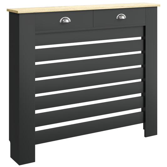 MDF & Particle Board Radiator Cover with 2 Drawers | Slatted Design | Skirting Board Cut-Outs | Easy-Fix Clips | Wood-Effect Top | 5kg Per Drawer | 111x19x95.5cm | Black