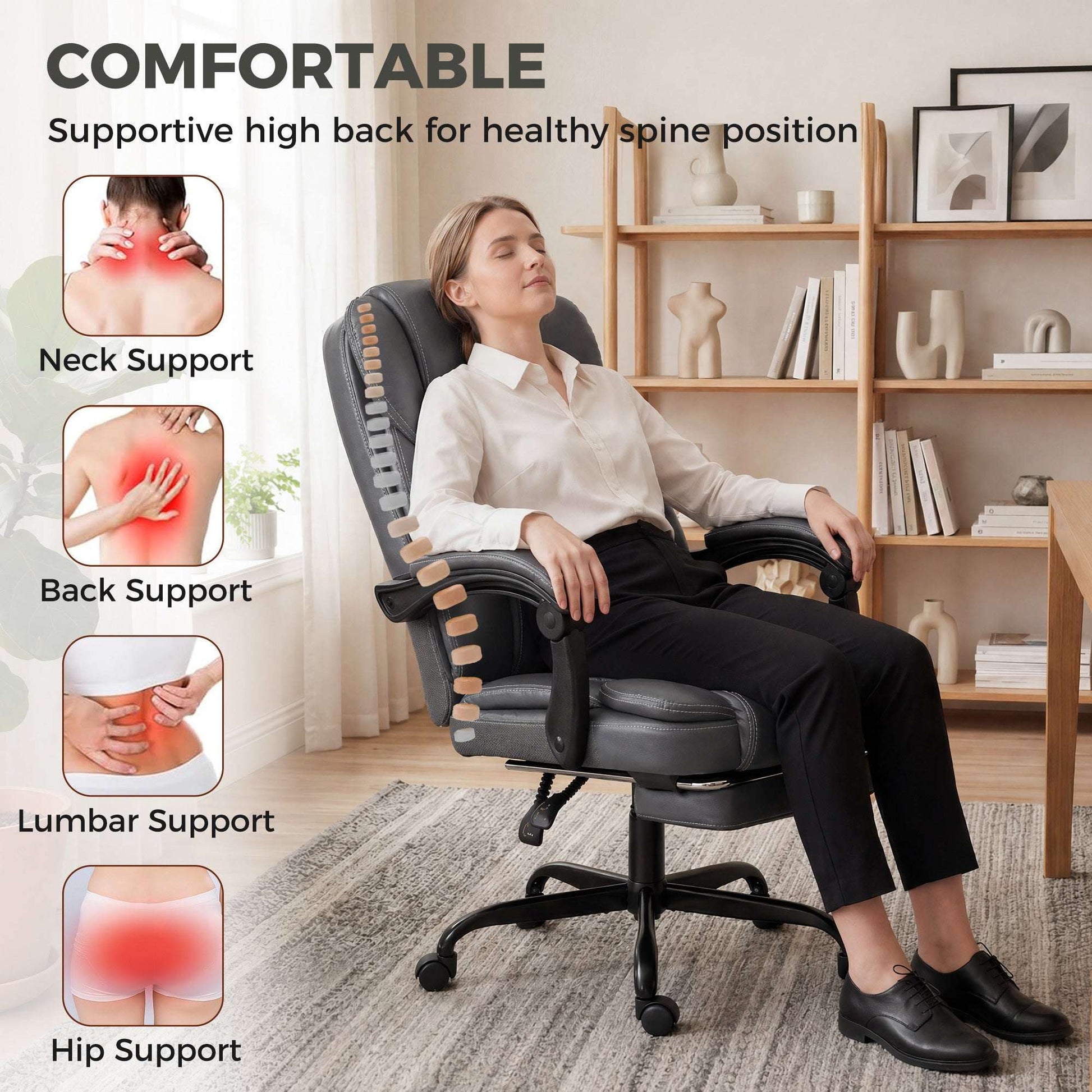High-Back Executive Reclining Office Chair | 90-135° Recline | Linkage Armrests | Retractable Footrest | Pocket Spring & Foam Seat | PU Leather | EN1335 & BS5852 | 120kg | Grey