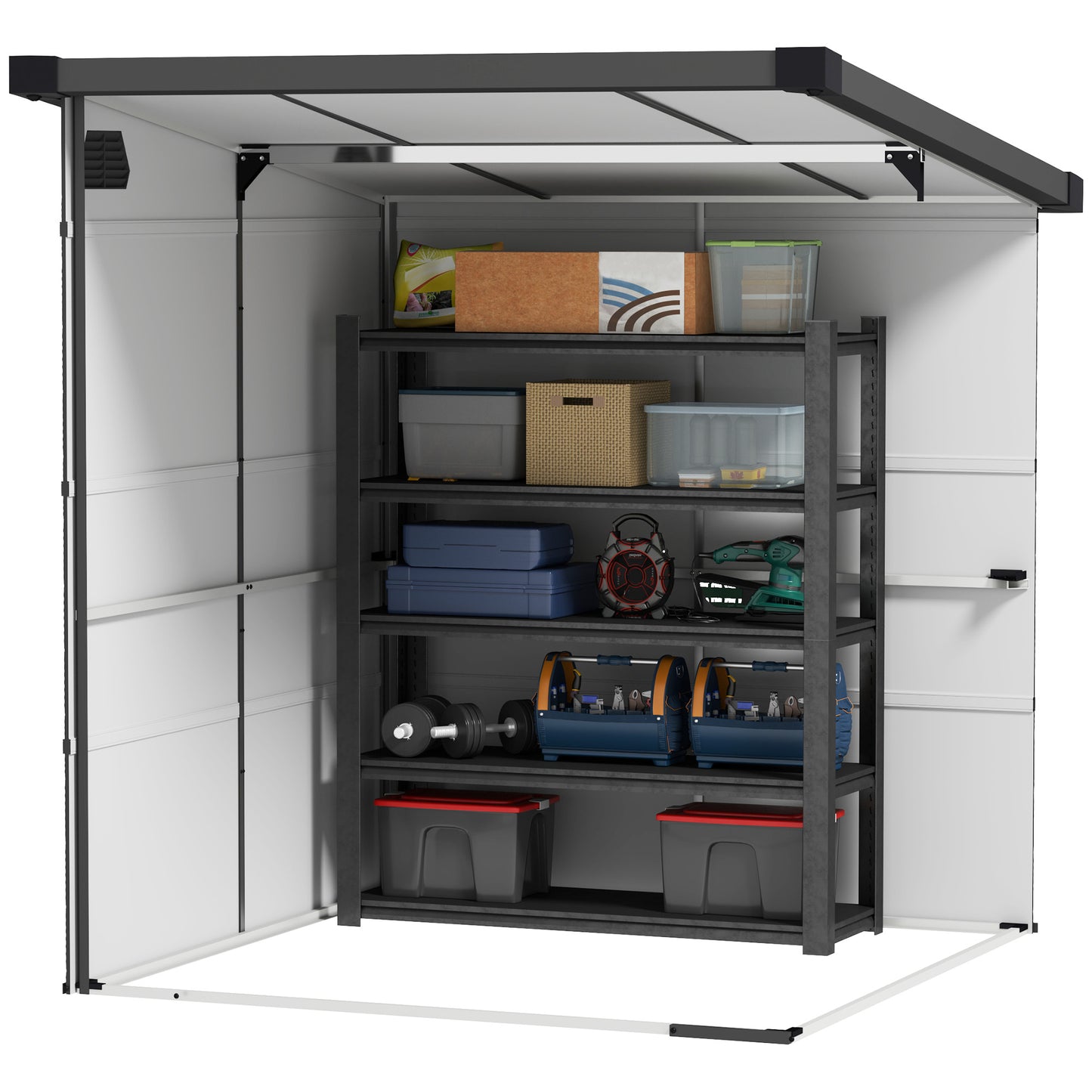 6 x 6ft Outdoor Storage Shed, Plastic Garden Shed with Windows and Air Vents, Outdoor Resin Tool Shed with Latch Doors for Garden, Deck