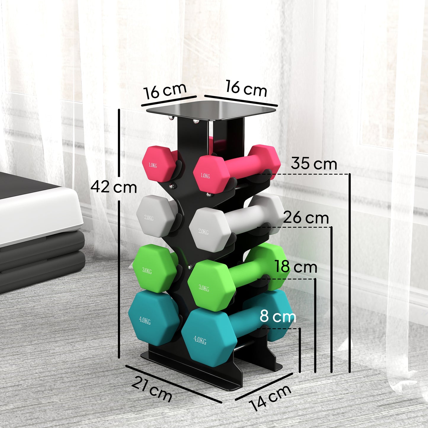 SPORTNOW Hex Dumbbells Set with Dumbbell Rack, Hand Weights for Home Gym Strength Training, 2 x 1kg, 2 x 2kg, 2 x 3kg, 2 x 4kg