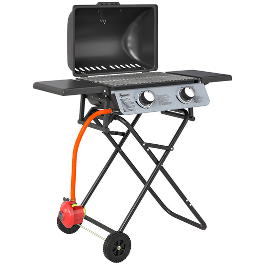 Foldable Gas BBQ with Side Tables, 2 Burner Portable Gas Barbecue Grill with Thermometer Lid Grease Tray Wheels, Folding Trolley for Garden Party