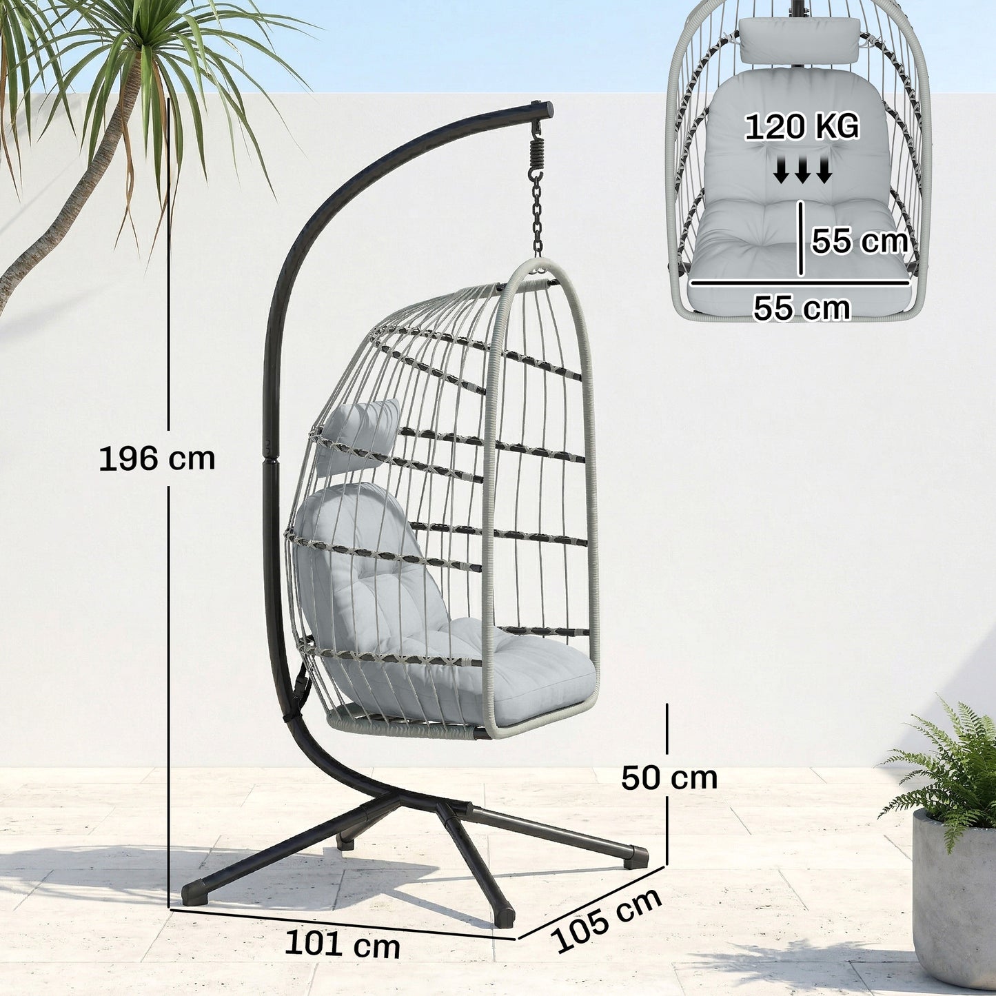 Hanging Egg Chair with Stand | 15cm Cushion, Headrest & Safety Strap | Foldable | 120kg | Light Grey